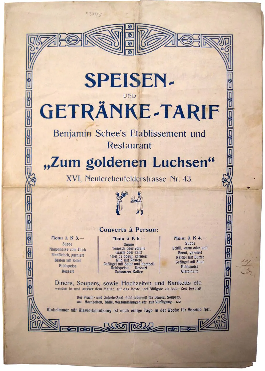 Speisekarte des Gasthauses „Zum goldenen Luchs“ auf Nummer 43, Wien Museum  