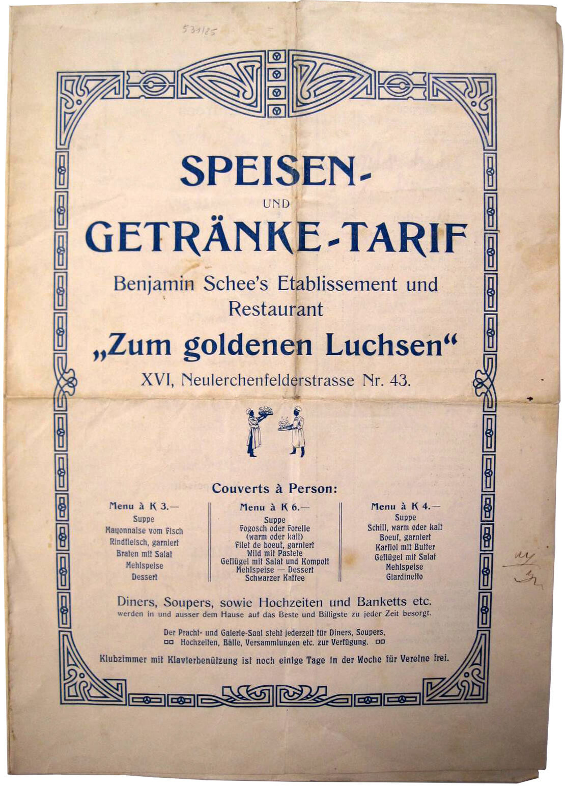 Speisekarte des Gasthauses „Zum goldenen Luchs“ auf Nummer 43, Wien Museum 