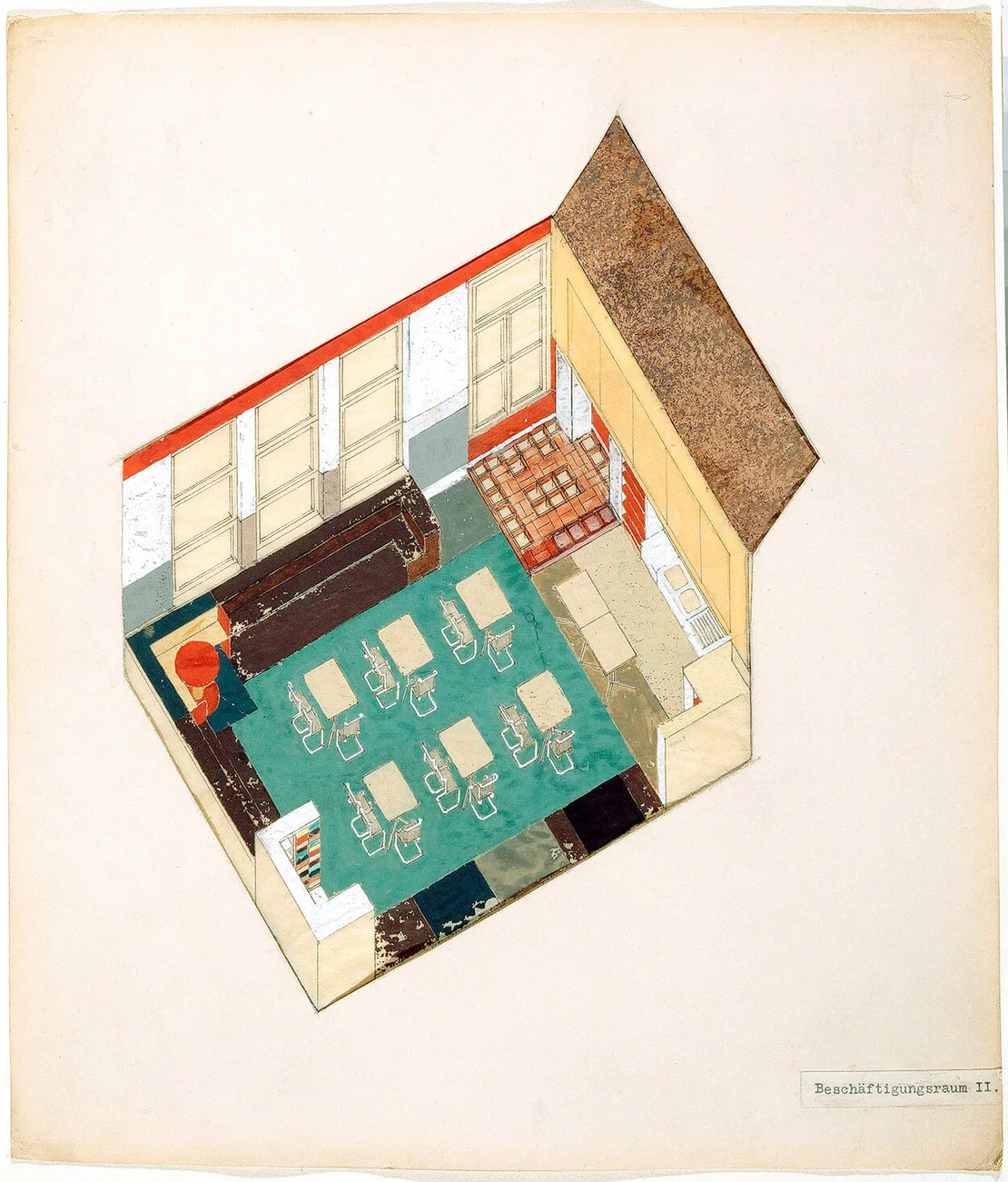 Beschäftigungsraum im städtischen Montessori-Kindergarten im Goethehof, Schüttaustraße 1 (1220 Wien), Axonometrie, um 1931, Bauhaus-Archiv Berlin, © Daniela Singer