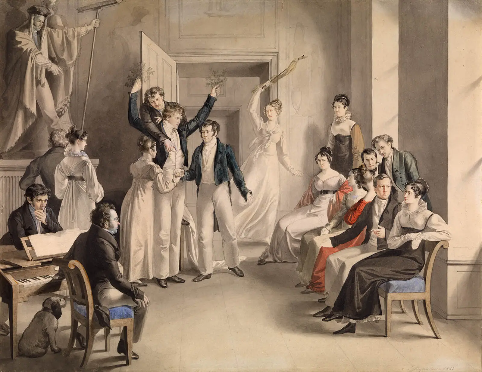Leopold Kupelwieser: Gesellschaftsspiel (Charade) der Schubertianer in Atzenbrugg, Aquarell, 1821, Wien Museum, Inv.-Nr. 18752  