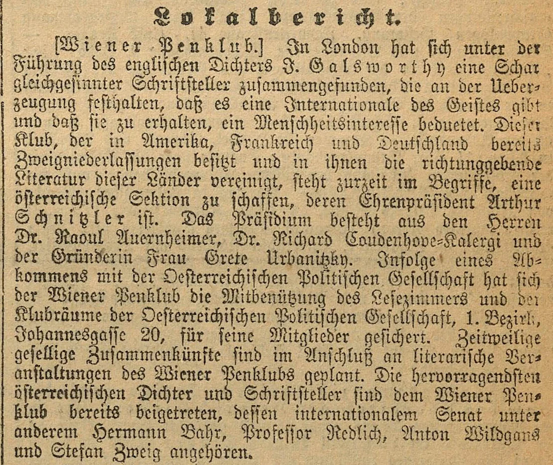 Bericht in der Neuen Freien Presse, 6. Dezember 1923, ANNO/ÖNB