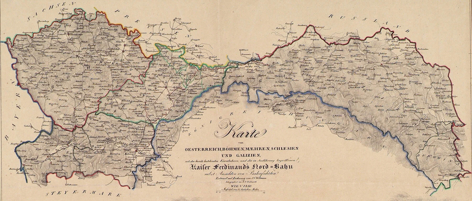 „Karte von Oesterreich, Böhmen, Mähren, Schlesien und Galizien mit den bereits bestehenden Eisenbahnen, und der in Ausführung begriffenen Kaiser Ferdinand´s Nord-Bahn nebst Ansicht von Bahnfahrten“ (Ausschnitt), kolorierte Lithografie, 1836, Wien Museum, Inv.-Nr. 95269