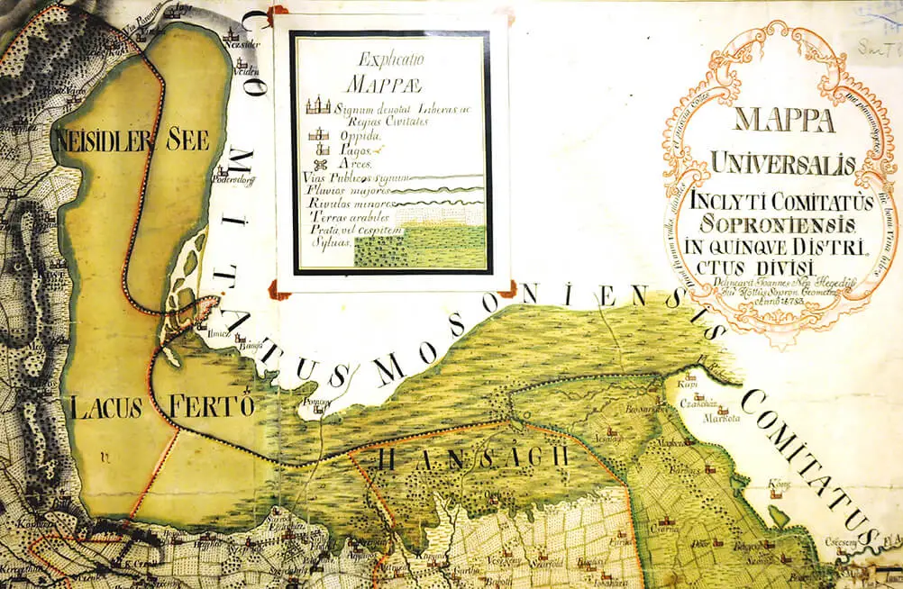Karte des Neusiedler Sees mit dem ostwärts vom Südende des Sees ausgedehnten Sumpfgebiet des Hanság (von Johannes Hegedüs), 1783, Quelle: Wikimedia Commons  