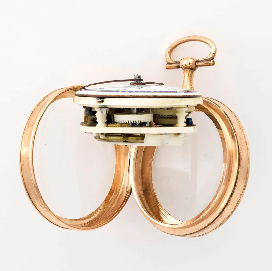 Das Uhrwerk dieser Taschenuhr (signiert J.J.R., um 1800, Wien Museum) ist zum Teil aus Bein