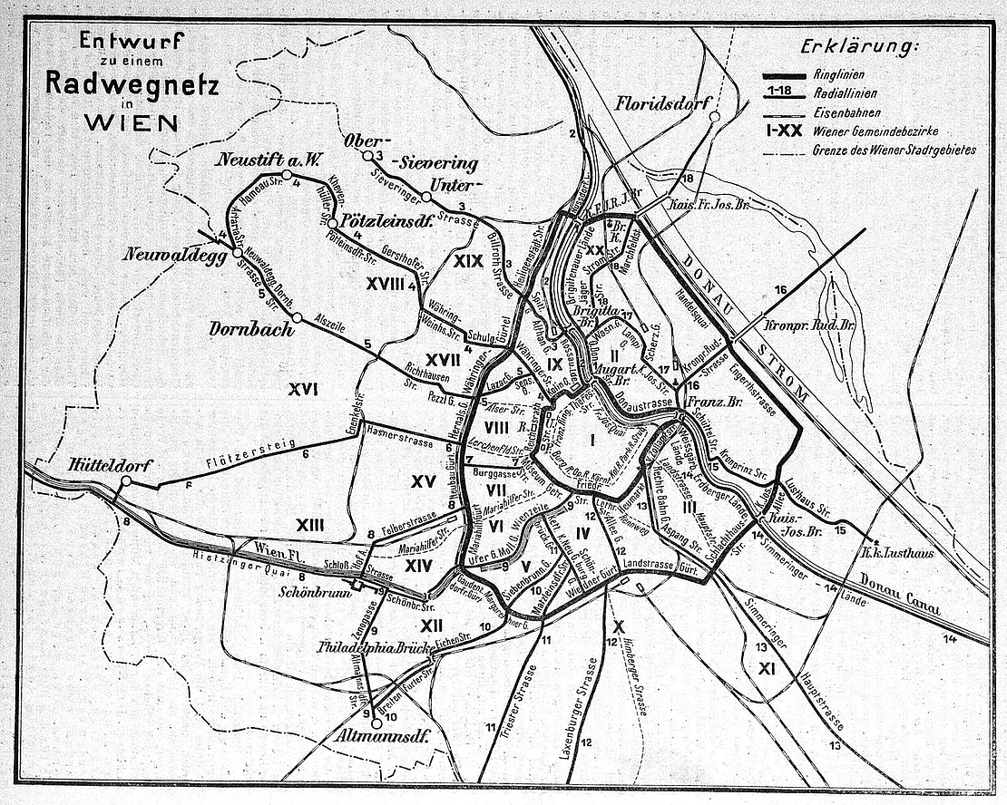 Moriz Oransz: Entwurf zu einem Radwegnetz in Wien, in: Radfahrer-Rundschau, Amtsblatt des „Oesterr. Touring-Club“ (Nr. 23/1901), Quelle: ANNO/ÖNB  