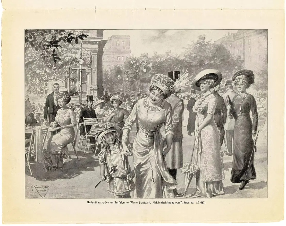 „Nachmittagskaffee am Kursalon im Wiener Stadtpark“, aus: „Das Buch für Alle. Illustrierte Familien-Zeitung. Chronik der Gegenwart", 1911, Wien Museum  