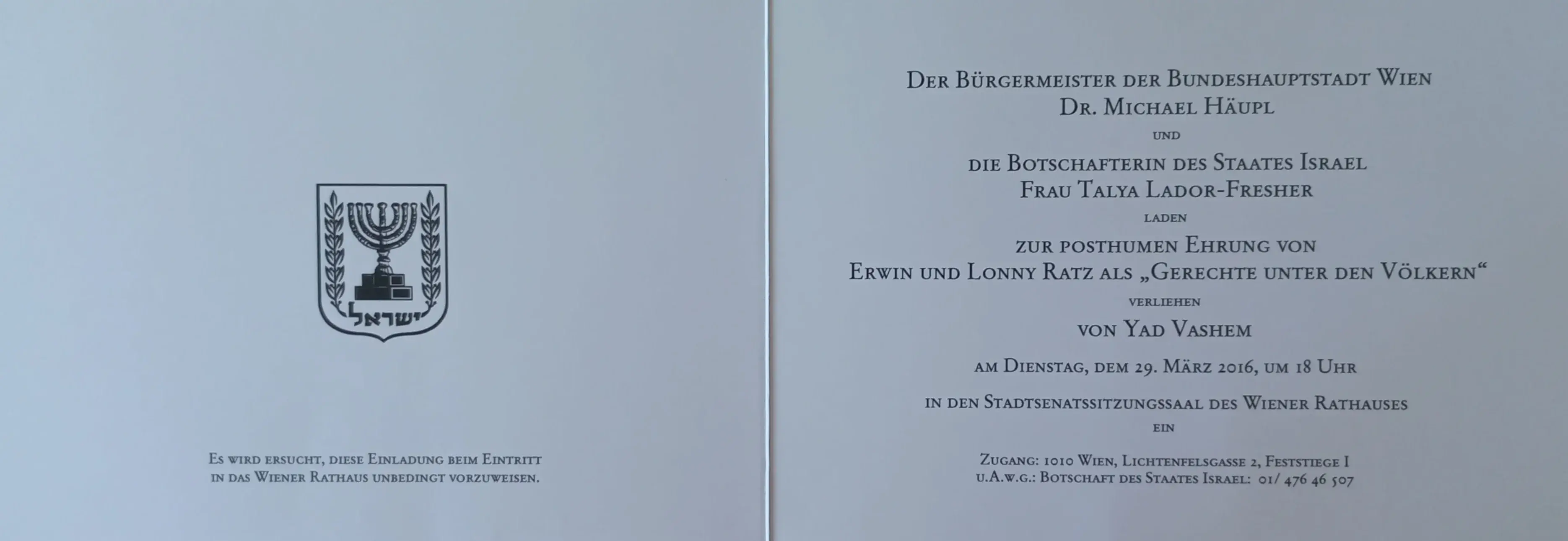 Einladung zur posthumen Ehrung von Erwin und Lonny Ratz als „Gerechte unter den Völkern“ im Wiener Rathaus, März 2016