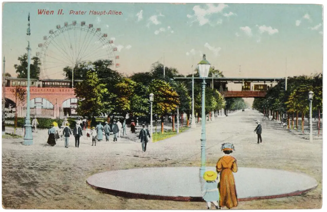 Eingang in die Hauptallee mit Viadukt und Riesenrad, Ansichtskarte, nach 1904, Sammlung Wien Museum