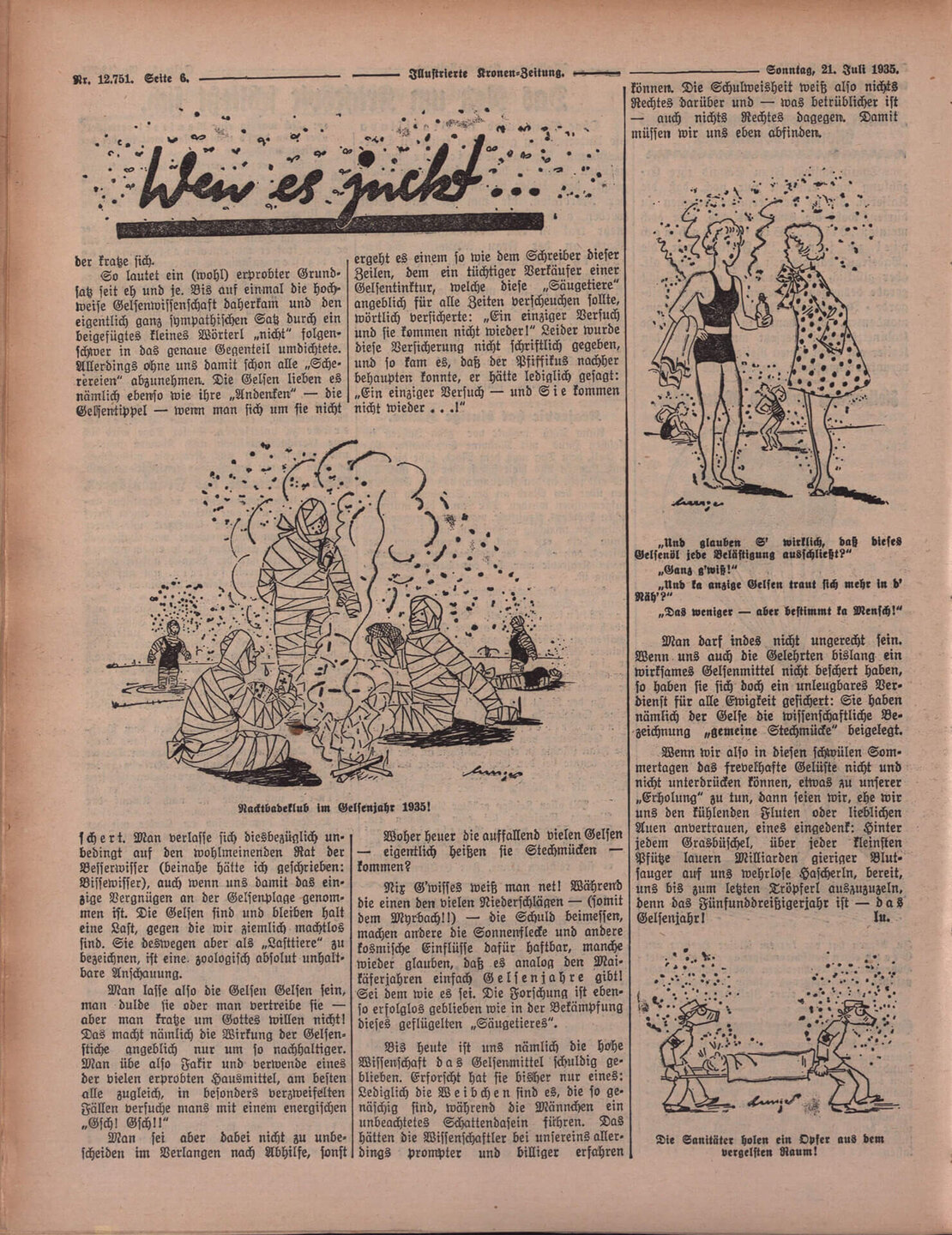 Tipps für den Kampf gegen die Gelsenplage in der Illustrierten Kronen Zeitung vom 21. Juli 1935,   ANNO/ÖNB  