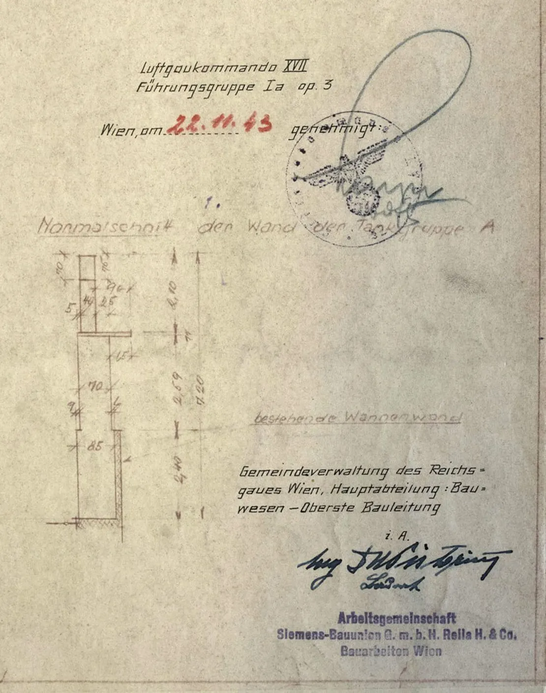 Die Angaben am Plan der Splitterschutzanlagen für den Benzolverband enthalten den Genehmigungsvermerk des Luftgaukommandos XVII, die Unterschrift des Hans Pistorius sowie den Stempel der ARGE Siemens/Rella. Quelle: WStLA  