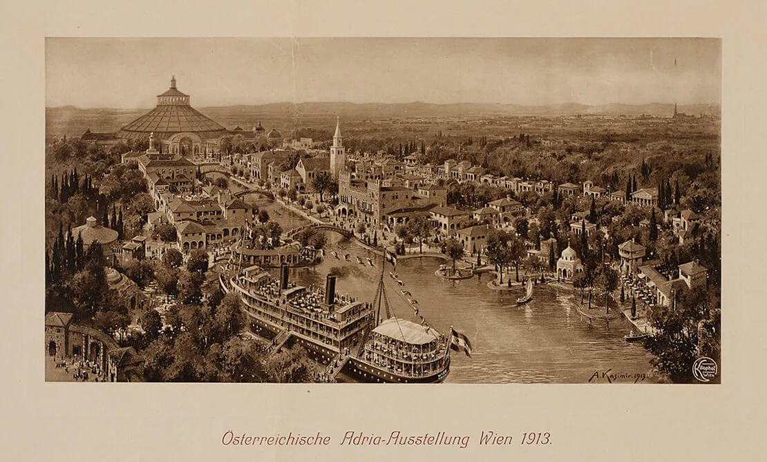 Alois Kasimir: Gesamtdarstellung der „Österreichischen Adria-Ausstellung“, im Hintergrund die Rotunde, 1913, Wien Museum  
