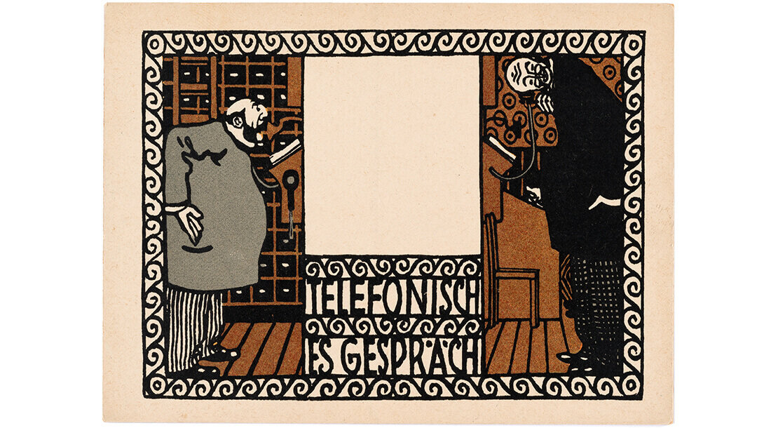 Moritz Jung: Postkarte der Wiener Werkstätte Nr. 58: „Telefonisches Gespräch“, 1907, Wien Museum 