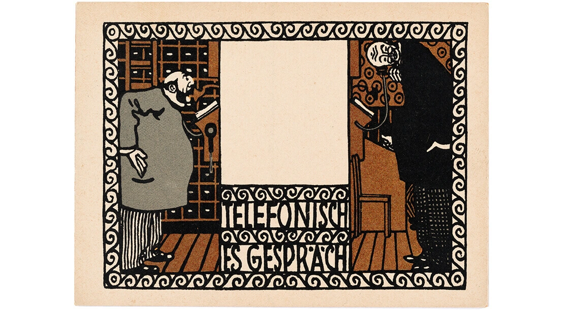 Moritz Jung: Postkarte der Wiener Werkstätte Nr. 58: „Telefonisches Gespräch“, 1907, Wien Museum  