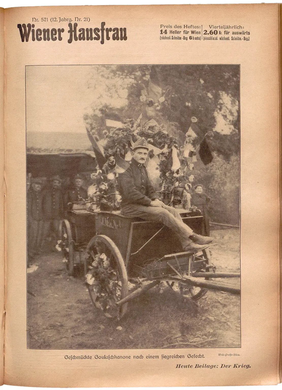 Geschmückte Gulaschkanone, in: Wiener Hausfrau, 21.2.1915, Titelseite, ANNO/ÖNB