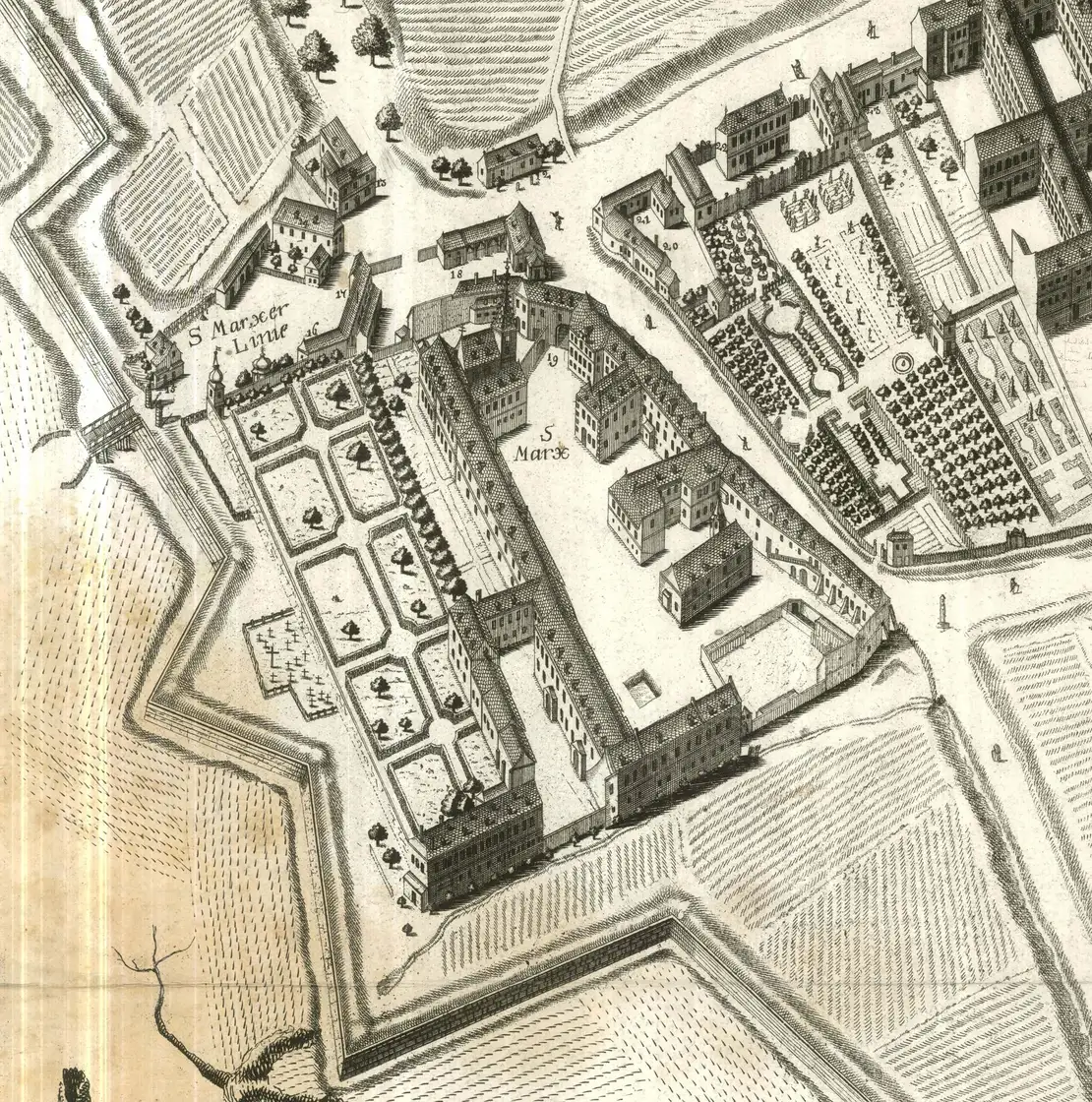 Das Spital St. Marx auf dem gesüdeten Vogelschauplan von Joseph Daniel Huber, der die Stadt und die Vorstädte um 1770 zeigt (Wiener Stadt- und Landesarchiv, Pläne und Karten: Sammelbestand, P1: 11 [Druck 1778])  