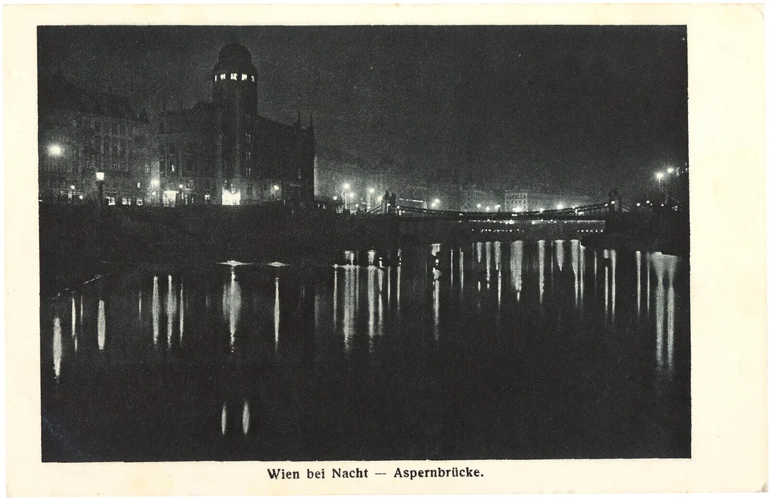 Donaukanal, Aspernbrücke mit Urania bei Nacht, 1918, Hersteller: Kilophot, Wien, Wien Museum