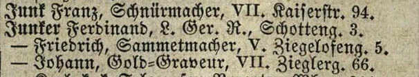 Adresse von Junkers Vater Ferdinand, wohnhaft im „Melker Hof“ in der Schottengasse 3, Lehmann 1864, Quelle: Wienbibliothek im Rathaus  