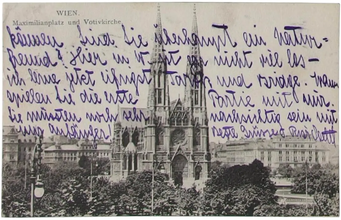 Votivkirche und Maximilianplatz (heute Rooseveltplatz), Verlag Walter Deutsch, Wien; gelaufen 1911    