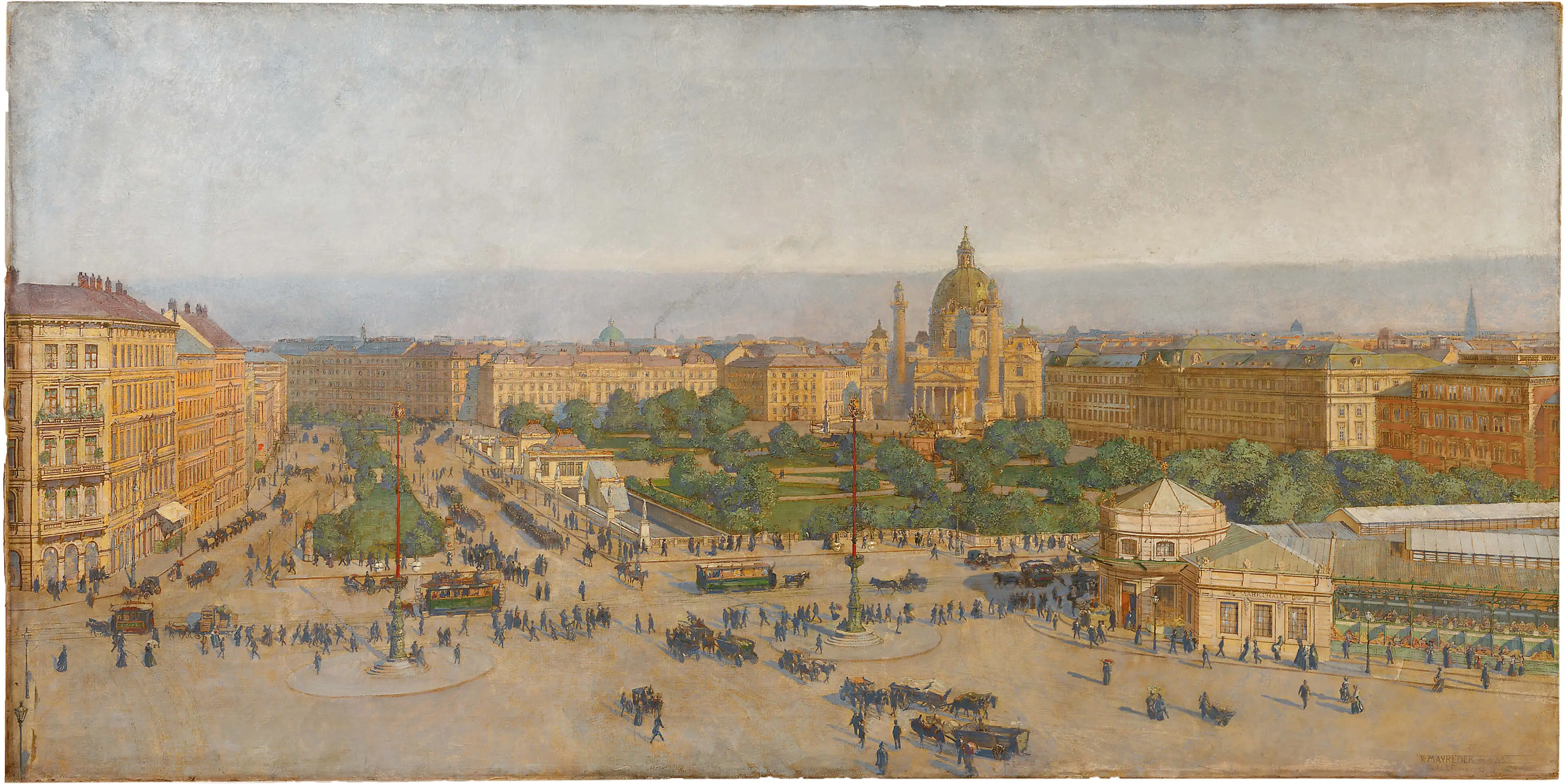 Karl Mayreder: Entwurf für die „Ausgestaltung des Platzes vor der Karlskirche“, 1898, Öl auf Leinwand von Alfred Roller, Wien Museum, Inv.-Nr. 145.054  