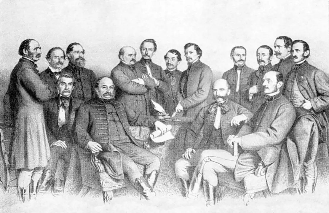 Das Professorenkollegium der Pester Medizinischen Fakultät, Semmelweis in der Mitte links, stehend mit verschränkten Armen, Lithografie von József Marastoni, 1863, Quelle: Wikimedia Commons  