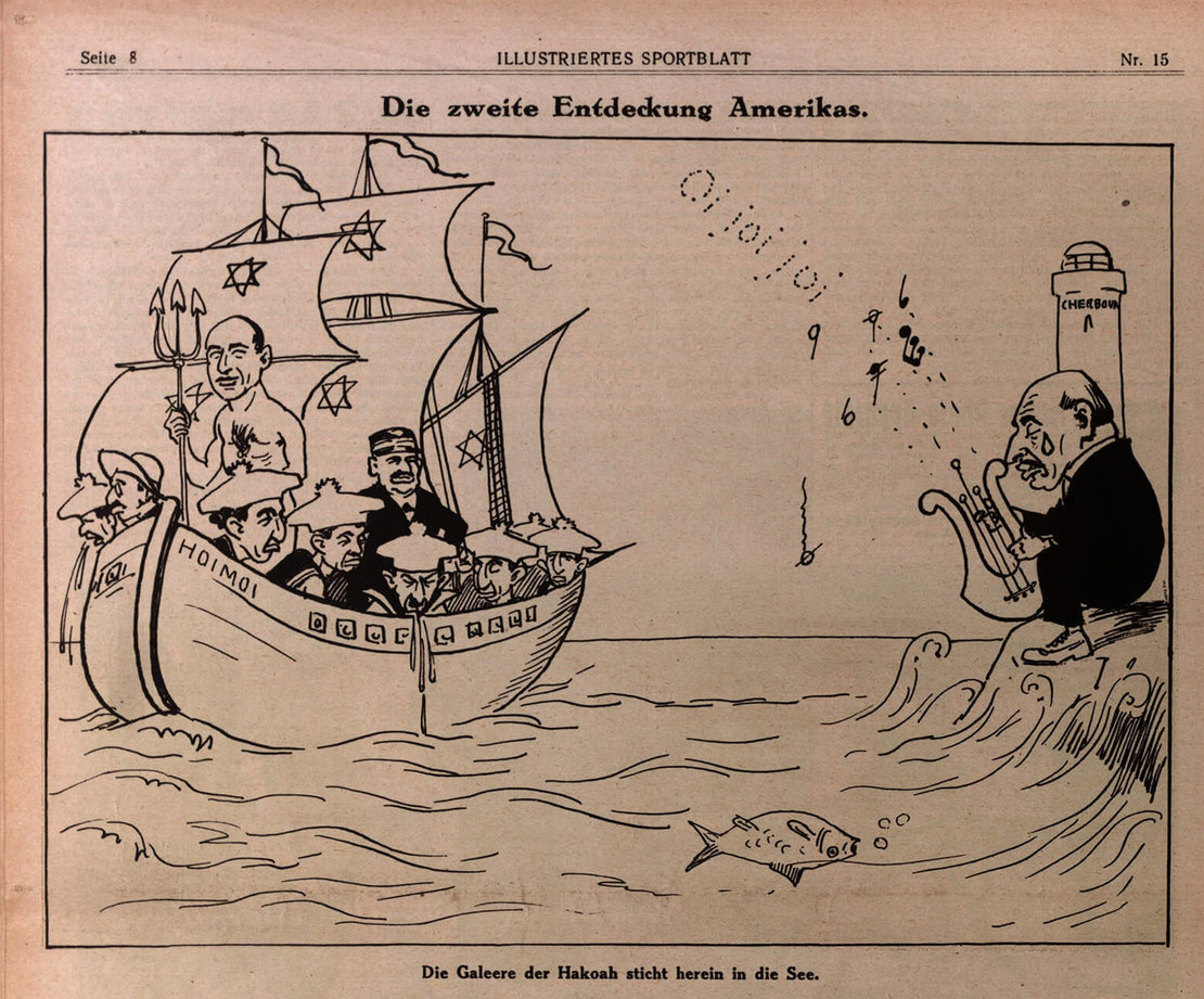 Karikatur mit antisemitischen Klischees im Illustrierten Sportblatt anlässlich der Hakoah-Nordamerika-Tournee, 10. April 1926, ANNO/ÖNB 