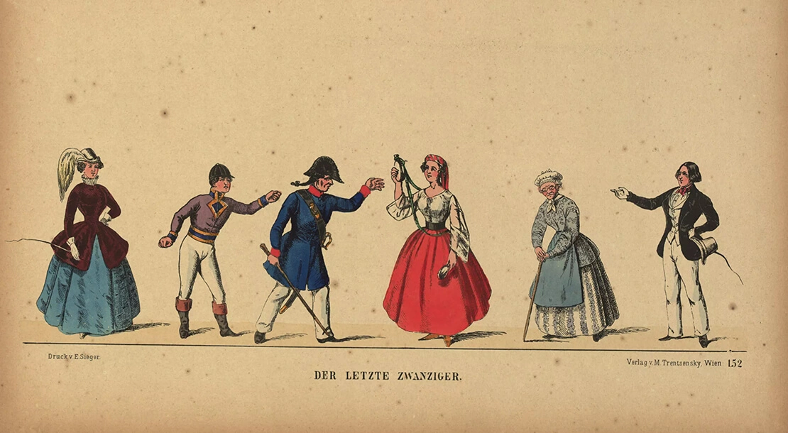 Mandlbogen zum Stück „Der letzte Zwanziger“ von Josef Nikola, um 1850, Wien Museum