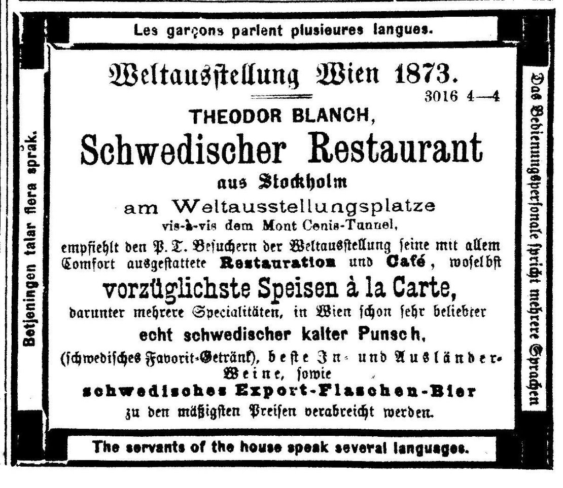 Annonce des Schwedischen Restaurants von Theodor Blanch, in: Wiener Weltausstellungs-Zeitung, 29. Juni 1873, Seite 7 