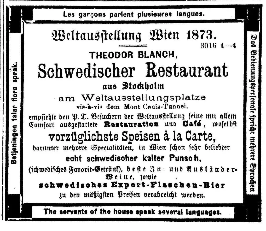 Annonce des Schwedischen Restaurants von Theodor Blanch, in: Wiener Weltausstellungs-Zeitung, 29. Juni 1873, Seite 7
