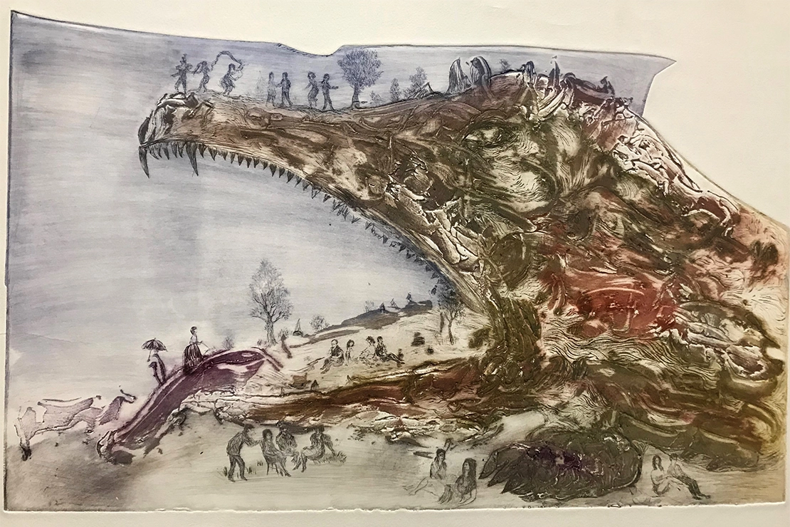 Christoph Donin: Picknick (Drachenmaul), Farbradierung, 1999