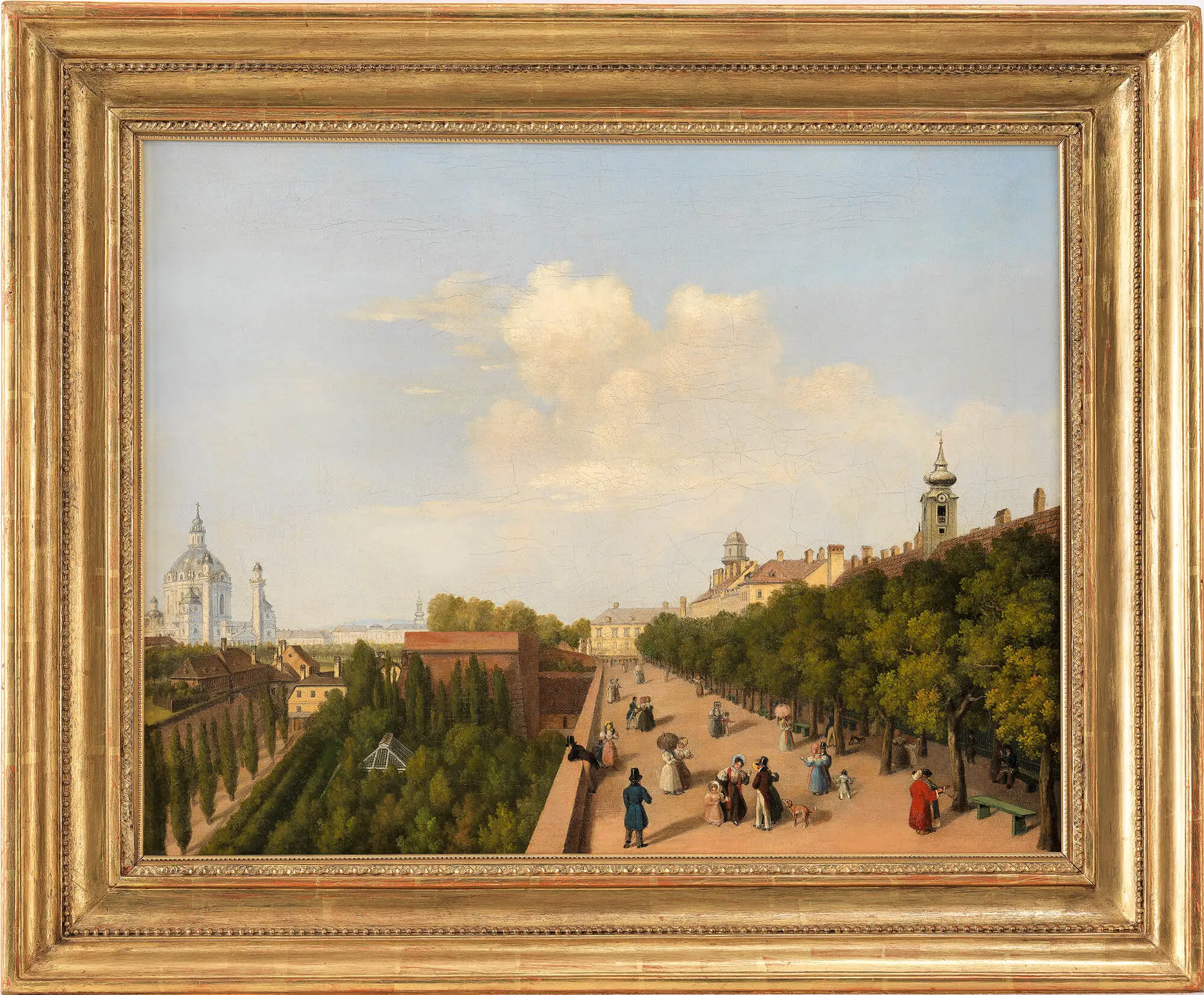 Auf den Basteien standen nicht nur viele Wohnhäuser, sie waren ebenso beliebte Orte für Spaziergänge. Hier ist Wasserkunstbastei zu sehen, die sich etwa auf Höhe der heutigen Schellinggasse 13 / Mahlerstraße 9-15 befand. Künstler:in unbekannt, Öl auf Leinwand, 1830-40, Wien Museum, Inv.-Nr. 250169    