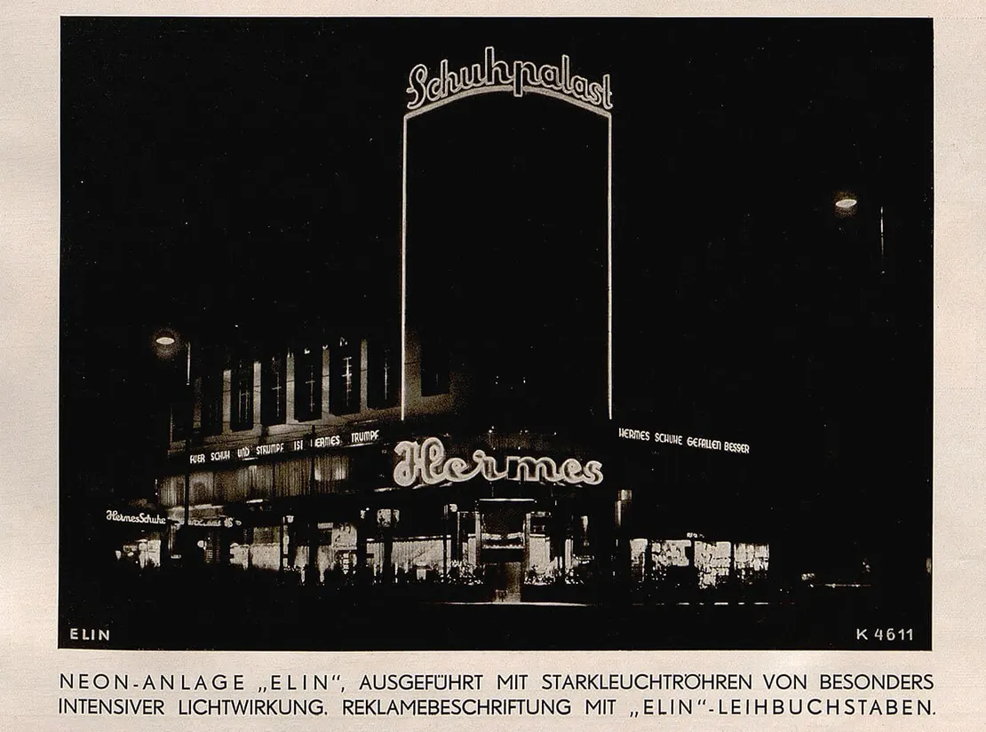 Neon-Reklame von Elin für den Hermes-Schuhpalast, in: Österreichische Kunst, Juni 1932, S. 31, Quelle: ANNO/ÖNB  