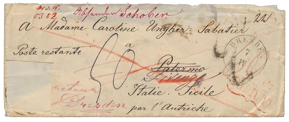 Ein Brief adressiert an „Madame Caroline Ungher-Sabatier“ in Italien, 1869, Wienbibliothek im Rathaus  