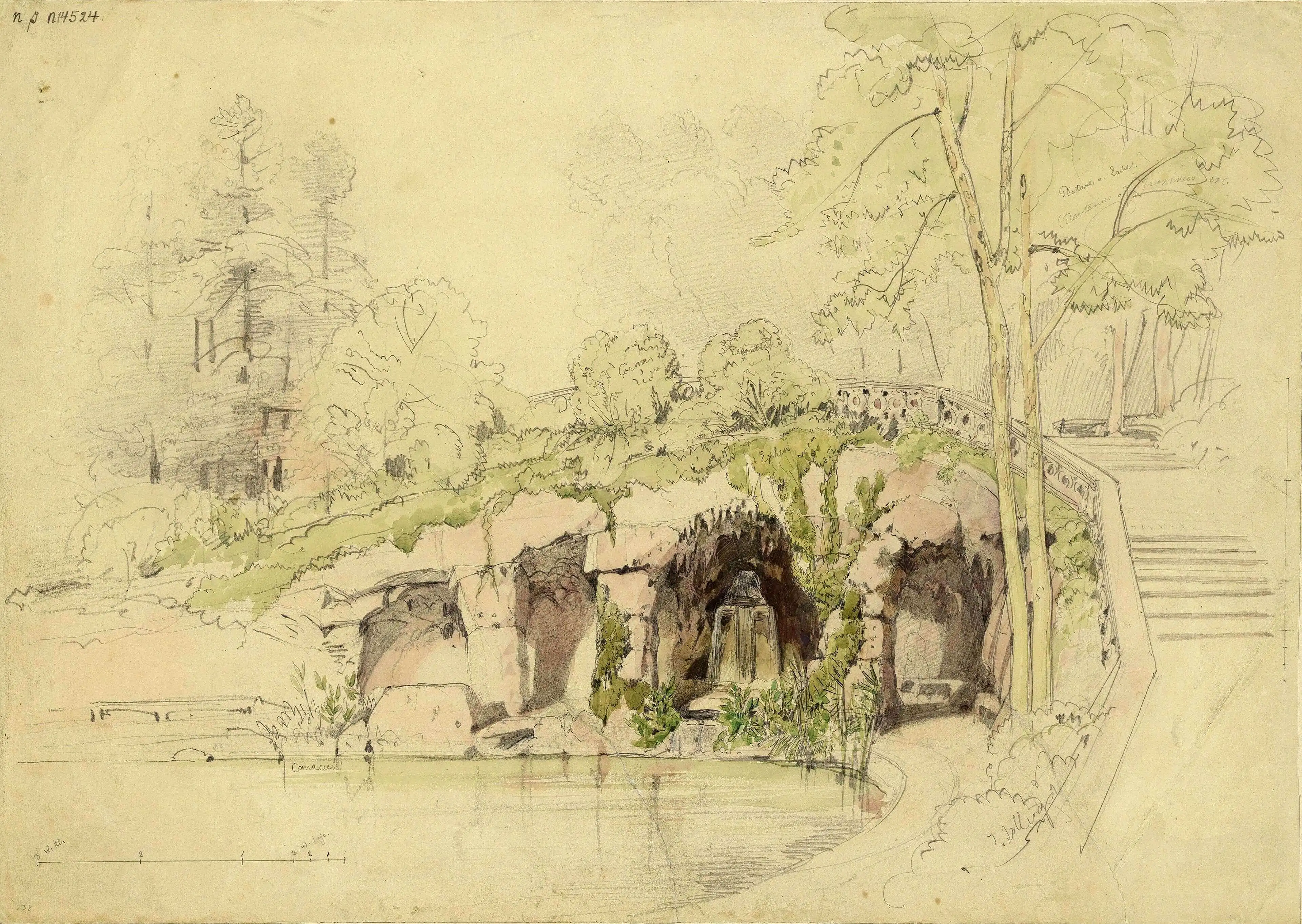 Joseph Selleny: Projekt für eine Grotte im Stadtpark, 1861, Bleistift und Aquarell, Wien Museum