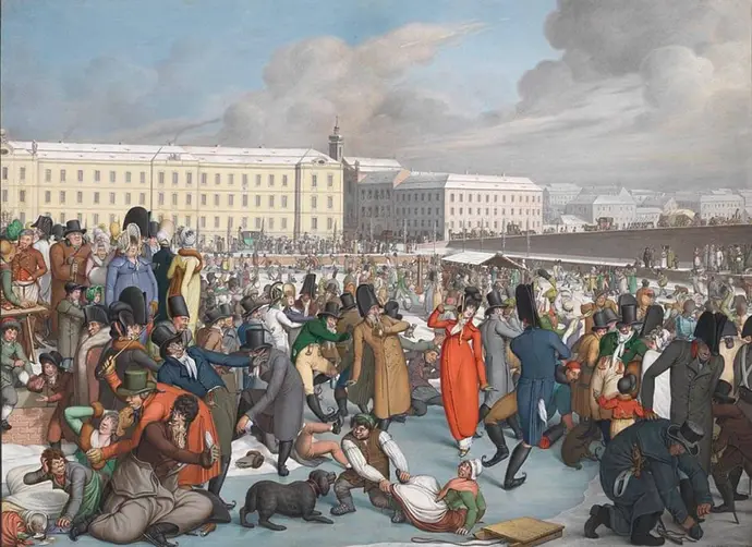 Georg Emanuel Opitz: Eislaufen im zugefrorenen Hafen des Wiener Neustädter Kanals vor dem Stubentor, Aquarell, 1805, Sammlung Wien Museum