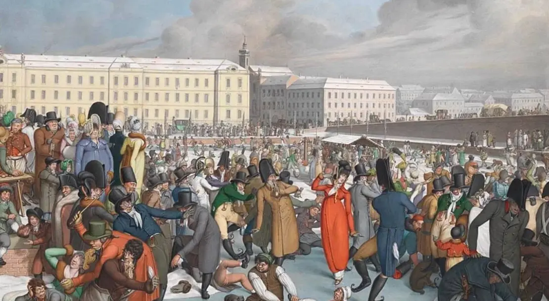 Georg Emanuel Opitz: Eislaufen im zugefrorenen Hafen des Wiener Neustädter Kanals vor dem Stubentor, Aquarell, 1805, Sammlung Wien Museum