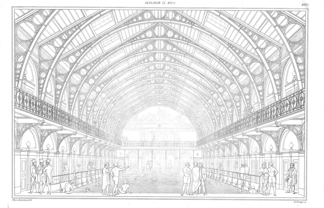 Schwimmhalle des Dianabades, in: Allgemeine Bauzeitung 1843, Tafel DXIV, ANNO/ÖNB