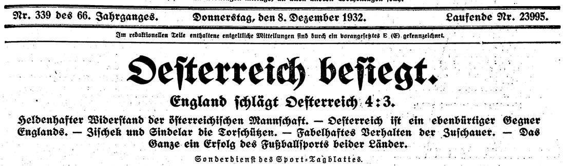 Schlagzeile aus dem „Sport-Tagblatt“ am 8. Dezember, Quelle: Anno/ÖNB  