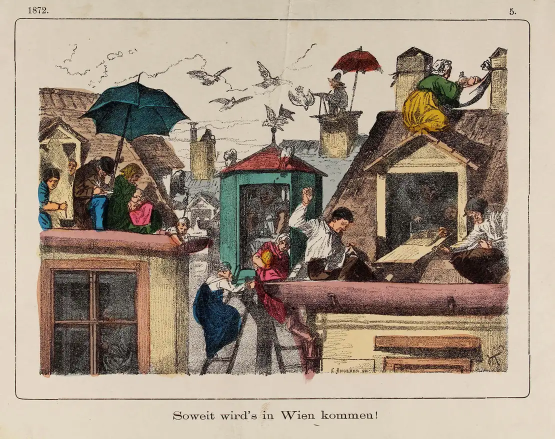 Karikatur zur Wohnungsnot in Wien, aus der Satirezeitschrift „Hans Jörgel“, 1872, Austrian Archives / brandstaetter images / picturedesk.com  