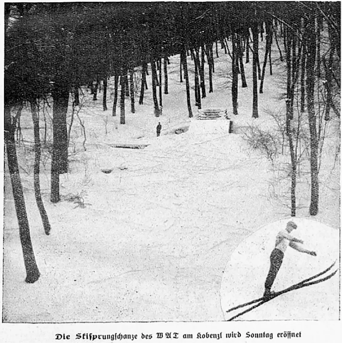 Ein seltenes Bild der Schanze kurz vor der offiziellen Eröffnung, in der Mitte ist der Schanzentisch erkennbar, Quelle: „Volkssport“, Offizielles Organ des Askö und seiner Verbände, 1. Jg, Heft 2, 12. Jänner 1929, Titelblatt  