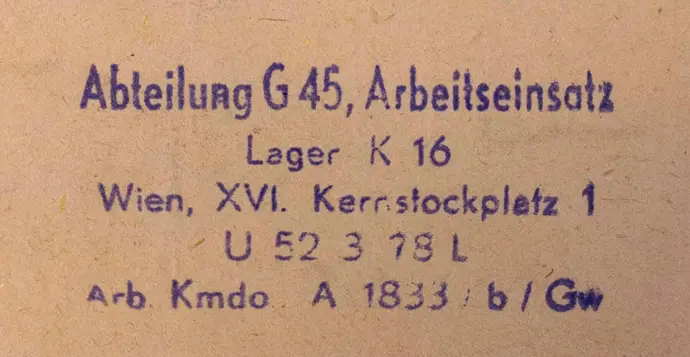 Der Stempel des Arbeitskommandos A 1833 b Gw. Quelle: WStLA