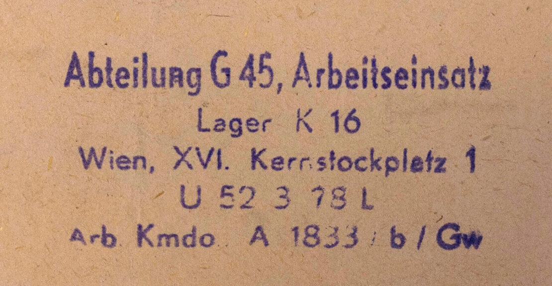 Der Stempel des Arbeitskommandos A 1833 b Gw. Quelle: WStLA  