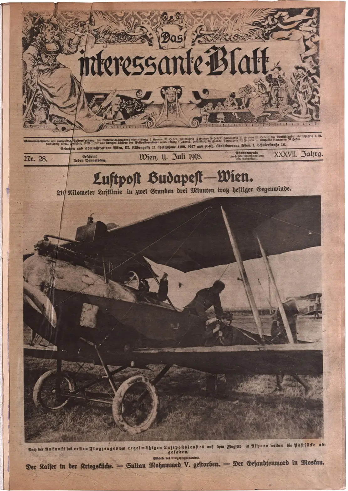„Das Interessante Blatt“ berichtet am 11. Juli über die Aufnahme des regelmäßigen Flugpostdienstes, Quelle: ANNO/ÖNB