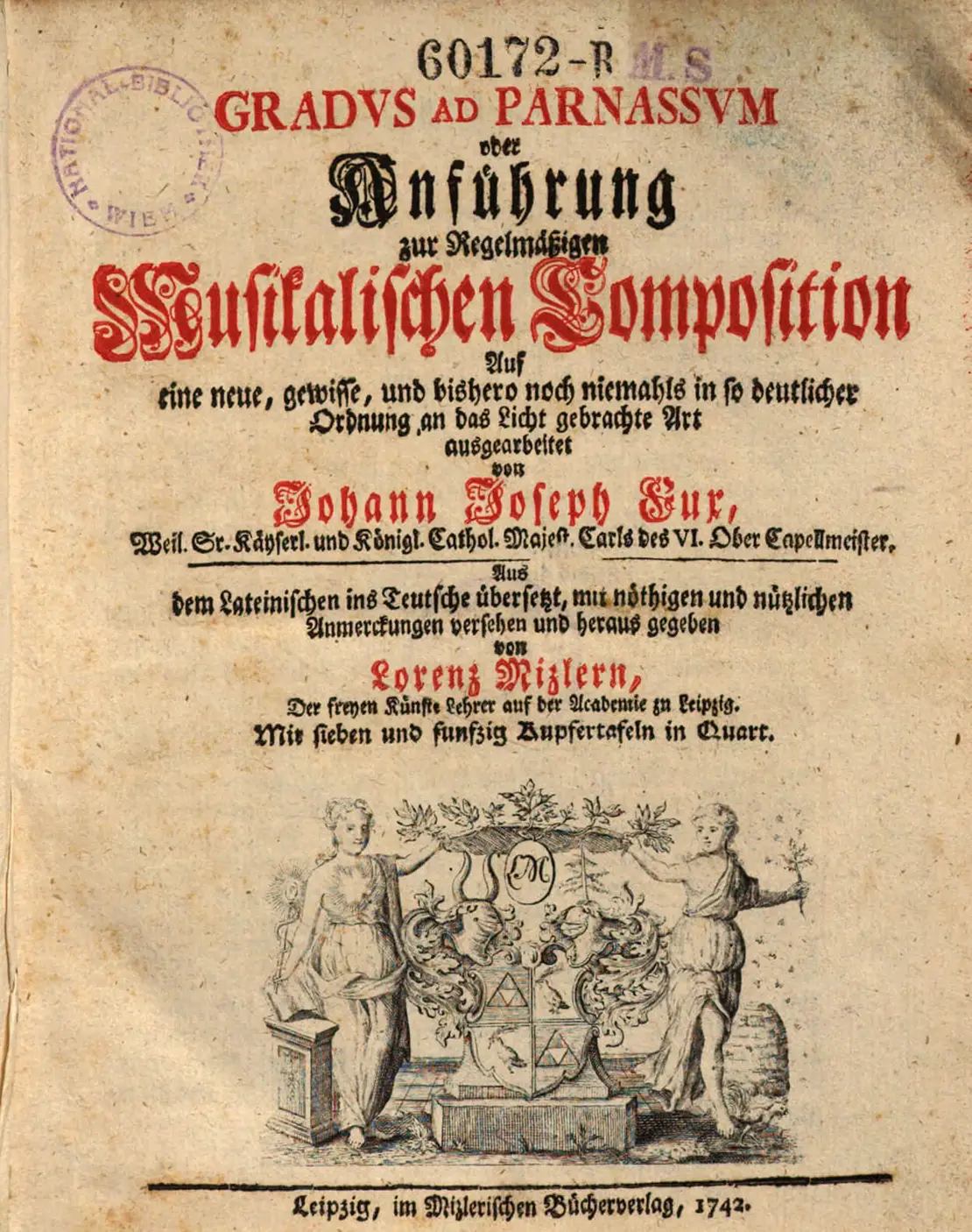 Titelblatt von Johann Joseph Fux: Gradus ad Parnassum, 1742, ÖNB