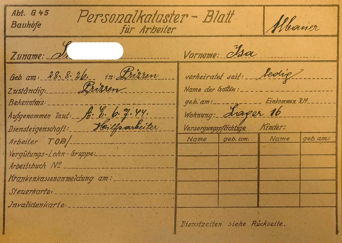 Personalkatasterblatt der städtischen Bauhöfe für Isa S. Quelle: WStLA  