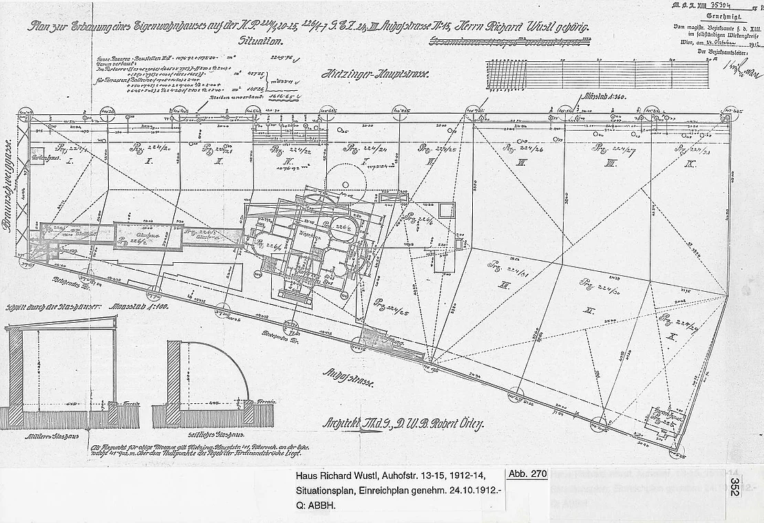 Haus Richard Wustl, Situationsplan, Einreichplan, genehmigt am 24. 10. 1912, Archiv der Baubehörde  