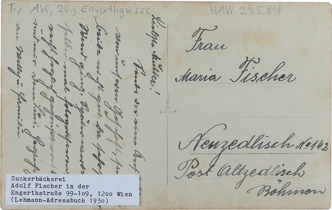 Rückseite der Ansichtskarte der Zuckerbäckerei Adolf Fischer, 20., Engerthstraße 99-100, um 1930, Wien Museum