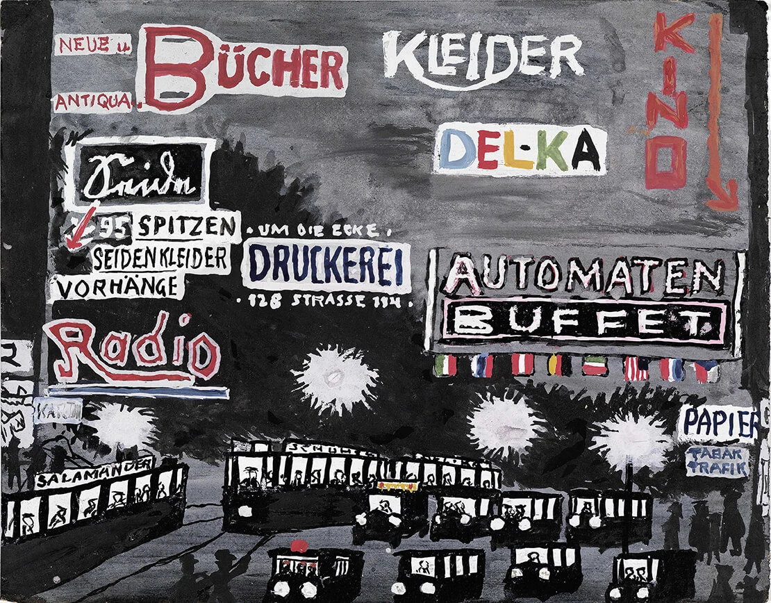 Der Čižek-Schüler Ernst Mitsdorfer (1917-1996) entwarf utopische Stadtansichten des zukünftigen Wien als Wolkenkratzer-City nach dem Vorbild von New York, Wien Museum  