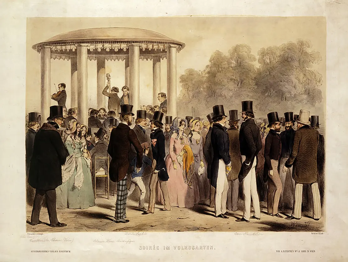 Anton Zampis: Soirée im Volksgarten, undatierte Lithografie, Wien Museum  