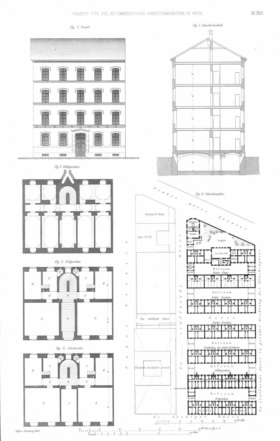 Entwurf für Arbeiterwohnhäuser, in: Allgemeine Bauzeitung 1849, Tafel 263, ANNO/ÖNB 