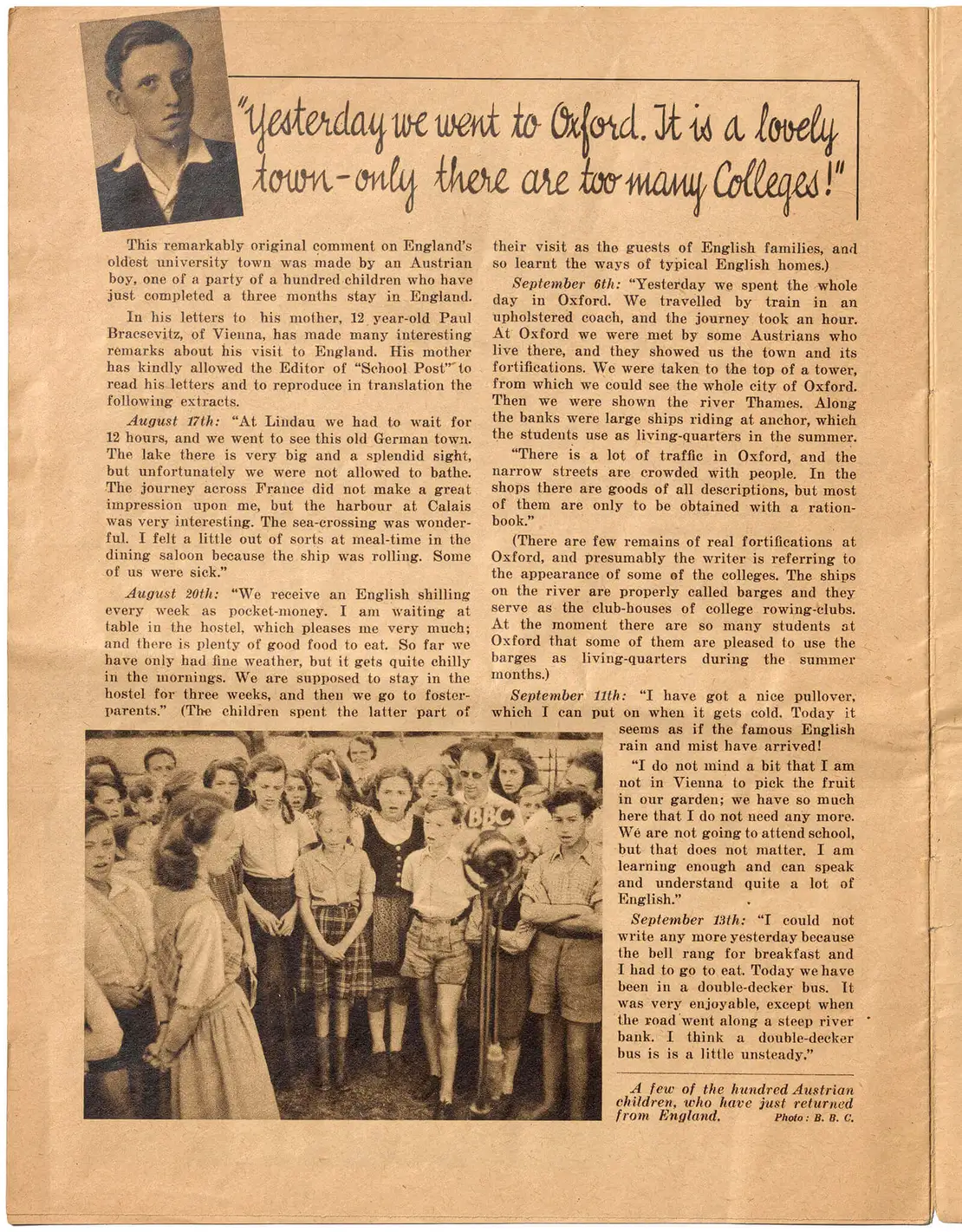 Schoolpost, Ausgabe Nummer 29, 15. November 1947, Artikel über den Erholungsaufenthalt von Wiener Kindern in Fairford, Privatbesitz Familie Holmes-Edinger